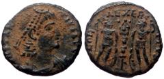 Roman Imperial Constantius II (337-360) AE Nummus. Constantius II (337-360) AE Nummus. Obv: CONSTANTIVS P F AVG, rosette-diademed, draped and cuirassed bust right Rev: GLORIA EXERCITVS, two helmeted s