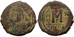 Byzantine Mauricius Tiberius (582-602), AE Follis 40 Nummi (bronze, 11,20 g, 28 mm) Theoupolis (Antioch), dated RY 14 =595-596 Obv Mauricius Tiberius (582-602), AE Follis 40 Nummi (bronze, 11,20 g, 28
