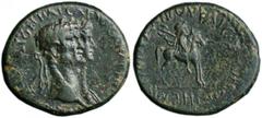 Claudius for Agrippina Junior 41-54AD - Bronze of Mostene in Lydia, 50-54 AD, AE 4,91g. Conjoined laureate heads of Claudius and dr. bust of Agrippina Junior right. R/. Hero on horse stg. right. SNG 3
