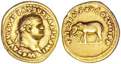 Titus 79-81 AD - Aureus, 80 AD, AV 6,89g. IMP TITVS CAES VESPASIAN AVG PM laureate head of Titus right. R/. TRPIXMPXV COS VIII PP Female elephant walking left. Cal 775; C 300; RIC 22a; Sear 2495; VF