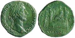 Commodus 177-192 AD - Sestertius, 181 AD, AE 22,95g. M COMMODVS ANTONINVS AVG laur. head of Commodus right. R/. LIB AVG IIII TRPVI IMP IIII COS II PP SC Commodus seated left on curula chair on top pla