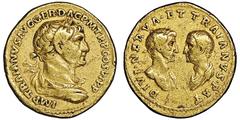 Roman Imperial Trajan 98-117 avec Divus Nerva & Divus Trajan Pater Aureus, Rome, AD 112-117, AU 7.22 g. Avers : IMP TRAIANVS AVG GER DAC P M TR P COS VI P P Buste lauré, drapé et cuirassé de Trajan à 