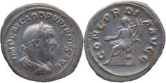 Roman Empire The Roman Empire PUPIENUS. Rome. Circa 238. AR Denarius 2.45 g. IMP C M CLOD PVPIENVS AVG, Laureate, draped and cuirassed bust right / CONCORDIA AVGG, Concordia seated left on throne, hol
