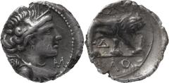 Celtic Coins GAUL, Massalia. Circa 150-125 BC. AR Drachm 2.65 g. Light Standard. Diademed and draped bust of Artemis right, bow and quiver over shoulder / Lion standing left, raising foreleg; to right