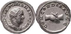 The Roman Empire Balbinus AR Antoninianus, 4.68 g. Rome, AD 238. IMP CAES D CAEL BALBINVS AVG, radiate, draped and cuirassed bust to right. Rev CONCORDIA AVGG, clasped hands. RIC IV 10; Virtually as s