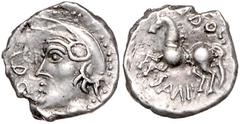 GRIECHISCHE MÜNZEN KELTEN, ÖSTLICHES MITTELGALLIEN, AR Quinar der Sequani (57-50 v.Chr.). Behelmte Büste l. Rs.Pferd springt l., oben Q DOCI, unten SAM. 2,02g. ss-vz DT 3245; LT 5405