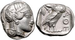 GRIECHISCHE MÜNZEN GRIECHENLAND, ATTIKA / Stadt Athen, AR Tetradrachme (ca.430 v.Chr.). Kopf der Athena r. Rs.Eule mit Olivenzweig und Mondsichel im quadratum incusum. 17,14g. vz+ Kroll 8; Svoronos pl