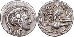 GRIECHISCHE MÜNZEN GRIECHENLAND, ATTIKA / Stadt Athen, AR Tetradrachme (ca.186-86 v.Chr.). Behelmter Athenakopf r. Rs.Eule auf Amphora r., Trophäen auf Prora, Magistrate A-THE EMI-STO/THEO/POM/POS/ME/