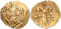 BYZANTINISCHE MÜNZEN BYZANTINISCHES REICH, Andronicus II. und Michael IX., 1295-1320, AV Hyperpyron, Konstantinopel. Büste der Jungfrau Maria in Stadtmauern. Rs.Andronicus und Michael knien seitlich v