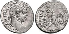 RÖMISCHE MÜNZEN RÖMISCHES REICH, Caracalla, 198-217, AR Tetradrachme, Zypern, Koinon von Cyprus. Belorb. Büste r Rs.Adler mit Kranz, Kopf l. gewandt, steht auf Ähre. 12,50g. prägeschwach, f.vz Sear 26