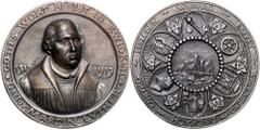 THEMATISCHE MÜNZEN + MEDAILLEN REFORMATION, LUTHER, MARTIN, *1483, +1546, Deutscher Reformator, Eisen-Gussmed. 1917 von Römer a.d. 400-Jahrfeier der Reformation. Brustbild halbr. Rs.Wartburg im Kranz 