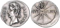 RÖMISCHE MÜNZEN RÖMISCHES REICH, Augustus, 27 v.-14 n.Chr., AR Denar (19-18 v.Chr.), Colonia Caesaraugusta? Kopf r., CAESAR AVGVSTVS, Kopf mit Eichenkranz l. Rs.DIVVS IVLIVS, achtstrahliger Komet mit 