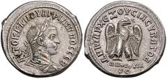 RÖMISCHE MÜNZEN RÖMISCHES REICH, Philipp II., 247-249, AR Tetradrachme, Seleukis und Pieria, Stadt Antiochia. Belorb. Büste r. Rs.Adler r. stehend, mit geöffneten Schwingen, im Schnabel Kranz. 28mm; 1