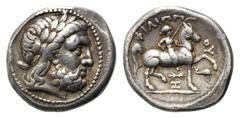 MAKEDONIEN, Philipp II., AR Tetradr., Sear 6684 AR Tetradrachme, Amphipolis. Belorb. Kopf des Zeus r. Rs.Unbekl. Reiter mit Palmzweig. Beizeichen Delphin, Blitzbündel, H. 14,25g. ss