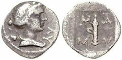 KLEINASIEN, LYKIEN / Stadt Masikytes AR Diobol (81-27 v.Chr.). Drapierte Büste mit Stephane der Artemis r., i.F.r. LY. Rs.Köcher und Bogen, i.F.oben M-A, i.F.unten M-Y, alles in quadratum incusum. 0,8