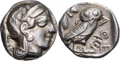 GRIECHENLAND, ATTIKA / Stadt Athen AR Tetradrachme (479-393 v.Chr.). Kopf der Athena r. Rs.Eule mit Olivenzweig und Mondsichel r. stehend, im quadratum incusum. I.F.r. IUI. 17,06g. SNG Cop.35. ss-vz