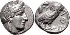 GRIECHENLAND, ATTIKA / Stadt Athen, AR Tetradrachme (479-393 v.Chr.). Kopf der Athena r. Rs.Eule mit Olivenzweig und Mondsichel r. stehend, im quadratum incusum. 17,06g. SNG Cop.38. ss+