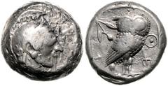 GRIECHENLAND, ATTIKA / Stadt Athen, AR Tetradrachme (490-480 v.Chr.). Kopf der Athena r. Rs.Eule mit Zweig im Quadratum Incusum. 17,14g. Svoronos Pl.5, f.ss