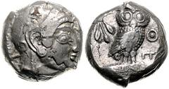 GRIECHENLAND, ATTIKA / Stadt Athen, AR Tetradrachme (490-480 v.Chr.). Kopf der Athena r. Rs.Eule mit Zweig im Quadratum Incusum. 17,31g. Svoronos Pl.5, f.ss/ss