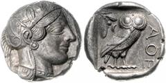 GRIECHENLAND ATTIKA / Stadt Athen, AR Tetradrachme (5.Jh.v.Chr). Kopf der Athena. Rs.Eule mit Olivenzweig und Mondsichel im Quadratum Incusum. 17,15g. Sear 2521, vz.