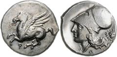 GRIECHENLAND KORINTH / Stadt Korinth, AR Stater (350-306 v.Chr.). Pegasos fliegt l. Rs.Athenakopf mit korinth. Helm l., dah. Helioskopf. 7,97g. Sear 2630, Ravel 1006, ss/vz.