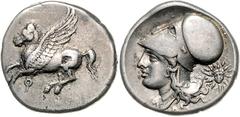 GRIECHENLAND KORINTH / Stadt Korinth, AR Stater (350-306 v.Chr.). Pegasos fliegt l. Rs.Athenakopf mit korinth. Helm l., dah. Helioskopf. 8,53g. Sear 2630, Ravel 1006, ss/vz.