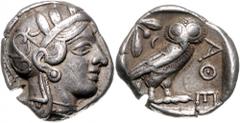 GRIECHENLAND, ATTIKA / Stadt Athen, AR Tetradrachme (449-413 v.Chr.). Kopf der Athena r. Rs.Eule mit Olivenzweig und Mondsichel im Quadratum Incusum. 17,04g. Sear 2526, BMC 11.8.62. ss.