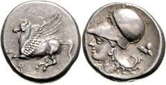 GRIECHENLAND, KORINTH / Stadt Korinth, AR Stater (350-338 v.Chr.). Pegasos. Rs.Athenakopf mit korinth. Helm, Beizeichen A u. thessalischer Helm. 8,68g. BMC 12.22.220. vz.