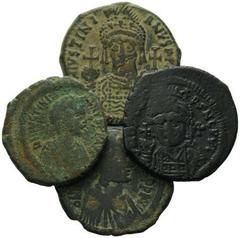 BYZANTINISCHES REICH, Justinian I., 527-565, AE Follis, Theoupolis. Büste frontal. Rs.'M' Jahr XXI. 19,79g. DAZU: AE Follis Jahr XXXIII. 17,55g. AE Follis, Büste r., Jahr unleserlich. 15,54g. AE Folli
