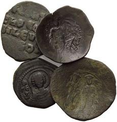 BYZANTINISCHES REICH, Constantin VII., 913-959, AE Follis, Konstantinopel. Büste von vorn. Rs.Vier Zeilen Schrift. DAZU: Manuel I., 1143-1180. Billon aspron trachy. Thron. Maria. Rs.Kaiser, i.F.*; AE 