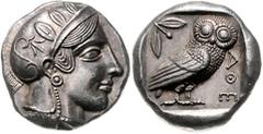 GRIECHENLAND, ATTIKA / Stadt Athen, AR Tetradrachme (449-413 v.Chr.). Kopf der Athena. Rs.Eule mit Olivenzweig und Mondsichel im quadratum incusum. 16,89g. Nachprägung um 1900 für museale Zwecke. Muse