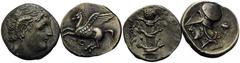 GRIECHENLAND, KORINTH / Stadt Korinth, AR Stater (400-350 v.Chr.). Pegasos. Rs.Athenakopf mit korinth. Helm, Beiz. E, fin r., Mohnknospe, 'SANDOZ'. 6,54g. Moderne Nachprägung. DAZU:Weitere Nachprägung
