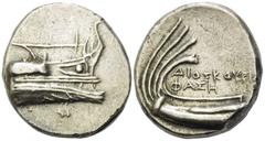 KLEINASIEN, LYKIEN / Stadt Phaselis, AR Stater (3.Jh.v.Chr.). Schiffsvorderteil mit Aufbau. Rs.Schiffsheck. Darüber Magistratenname DIOSKOYRI(...)/PHASH. 10,18g. Offenbar unpubliziert. SNG Aulock-, f.