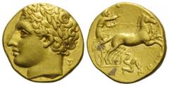 ITALIEN, SIZILIEN / Stadt Syrakus, AV Dekadrachme 317-310 v. Chr.(Agathokles, 317-289 v.Chr.). Belorb. Kopf des Apollon l. Rs.Biga n.r., darunter Triskeles. 4,24g. SNG ANS 552, GOLD, f.vz