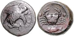 GREEK COINS ITALIEN, SIZILIEN / Stadt Akragas, AE Hexas (425-400 v.Chr.). Adler r., in den Fängen Hase. Rs.Krabbe, darunter Meerbarsch l., außen 2 Kugeln. 7,29g. Szaivert 869, SNG Evelpid.431, sehr se