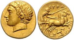 GREEK COINS ITALIEN, SIZILIEN / Stadt Syrakus, AV Dekadrachme 317-310 v. Chr. (Agathokles, 317-289 v.Chr.). Belorb. Kopf des Apollo l. Rs.Biga r., darunter Triskeles. 4,24g. SNG ANS 552, GOLD, ss+