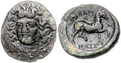 GREEK COINS GRIECHENLAND, THESSALIEN / Stadt Larissa, AE 22 (350-325 v.Chr.). Kopf der Nymphe Larissa halblinks. Rs.Pferd trabt r. 8,07g. BMC 7.31.79, dunkelgrüne Patina,