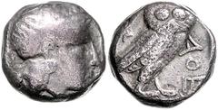 GREEK COINS GRIECHENLAND, ATTIKA / Stadt Athen, AR Tetradrachme (393-262 v.Chr.). Kopf der Athena. Rs.Eule mit Mondsichel im quadratum incusum. Auf unregelmäßigem Schrötling geprägt, Olivenzweig nicht