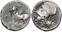 GREEK COINS GRIECHENLAND, KORINTH / Stadt Korinth, AR Stater (350-306 v.Chr.). Pegasos. Rs.Athenakopf mit korinth. Helm l., Beizeichen Dreifuß im Kranz. 7,89g. Erworben Im Mai 1966 (III/202). SNG Cop.