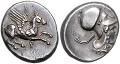 GREEK COINS GRIECHENLAND, KORINTH / Stadt Korinth, AR Stater (400-350 v.Chr.). Pegasos r. Rs. Athenakopf r., Beiz.Peitsche(?). 8,48g. Sear 2626, var., SNG Cop.105, var., Vs.Ggst., Rs.l.dez., ss-vz