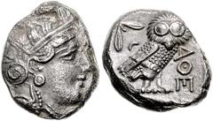 GREEK COINS GRIECHENLAND, ATTIKA / Stadt Athen, AR Tetradrachme (380-250 v.Chr.). Kopf der Athena. Rs.Eule mit Olivenzweig und Mondsichel im quadratum incusum. 16,9g. Sear 2526, ss/vz