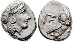 GREEK COINS GRIECHENLAND, ATTIKA / Stadt Athen, AR Tetradrachme (380-250 v.Chr.). Kopf der Athena. Rs.Eule mit Olivenzweig und Mondsichel im quadratum incusum. 17,1g. Sear 2526, Vs.l.korr., ss-vz