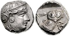 GREEK COINS GRIECHENLAND, ATTIKA / Stadt Athen, AR Tetradrachme (380-250 v.Chr.). Kopf der Athena. Rs.Eule mit Olivenzweig und Mondsichel im quadratum incusum. 17,0g. Sear 2526, f.vz