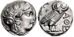 GREEK COINS GRIECHENLAND, ATTIKA / Stadt Athen, AR Tetradrachme (380-250 v.Chr.). Kopf der Athena. Rs.Eule mit Olivenzweig und Mondsichel im quadratum incusum. 17,1g. Sear 2526, kl.Kr., vz