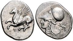 GREEK COINS GRIECHENLAND, KORINTH / Stadt Korinth, AR Stater (338-300 v.Chr.). Pegasos l. Rs.Athenakopf mit korinth. Helm l., Beiz. Chimära. 8,6g. BMC 12.26.255, SNG Cop.72, ss+