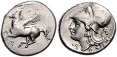 GREEK COINS GRIECHENLAND, KORINTH / Stadt Korinth, AR Stater (338-300 v.Chr.). Pegasos l. Rs.Athenakopf mit korinth. Helm l., Beiz. Efeublatt. 8,24g. BMC 12.26.249, SNG Cop.-, ss+/