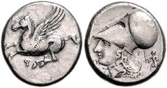 GREEK COINS GRIECHENLAND, KORINTH / Stadt Korinth, AR Stater (338-300 v.Chr.). Pegasos l. Rs.Athenakopf mit korinth. Helm l., Beiz. Artemis mit zwei Fackeln, l. gehend. 8,35g. BMC 12.34.314, SNG Cop.-