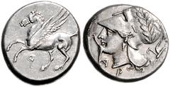 GREEK COINS GRIECHENLAND, KORINTH / Stadt Korinth, AR Stater (338-300 v.Chr.). Pegasos l. Rs.Athenakopf mit korinth. Helm l., Beiz. Pflug. 8,40g. BMC 12.26.250, SNG Cop.69, Vs.interessanter Str., ss-v