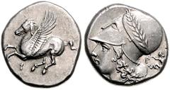 GREEK COINS GRIECHENLAND, KORINTH / Stadt Korinth, AR Stater (345-307 v.Chr.). Pegasos l. Rs.Athenakopf mit korinth. Helm l., Beiz. Triton mit Speer. 8,54g. Pegasi 436, BMC -, SNG Cop.-, vz/ss-vz