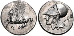 GREEK COINS GRIECHENLAND, KORINTH / Stadt Korinth, AR Stater (350-338 v.Chr.). Pegasos l. Rs.Athenakopf mit korinth. Helm l., Beiz. Thyrsos. 8,05g. BMC 12.279, SNG Cop.82, Rs.l.korr., vz/f.vz